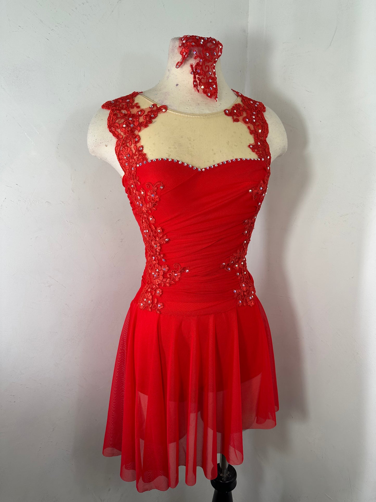 Red draped Figure Skating Dress