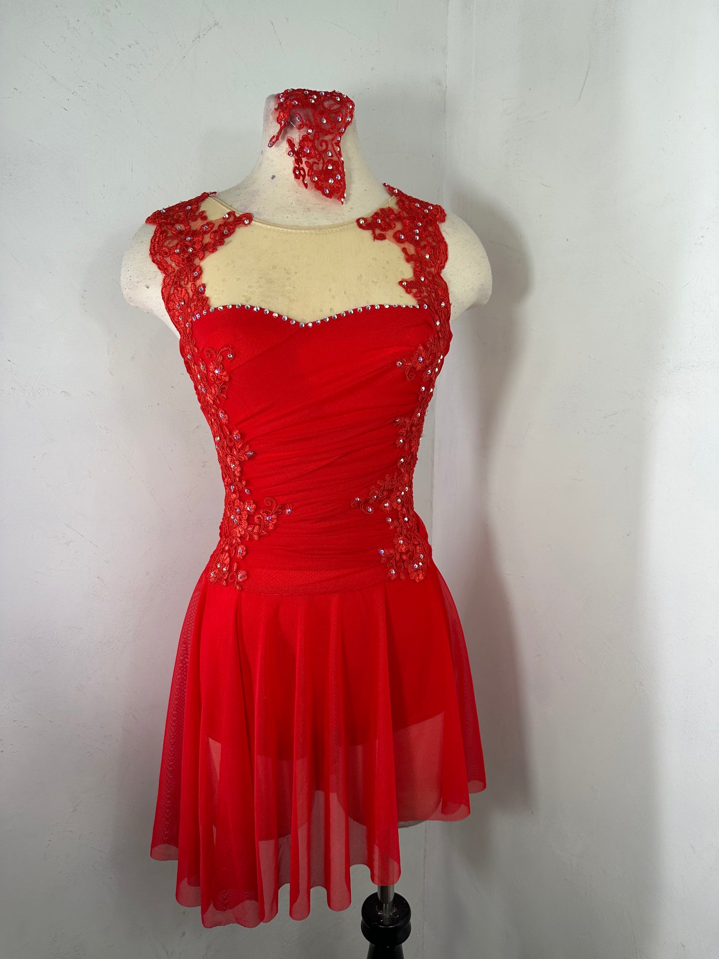 Red draped Figure Skating Dress