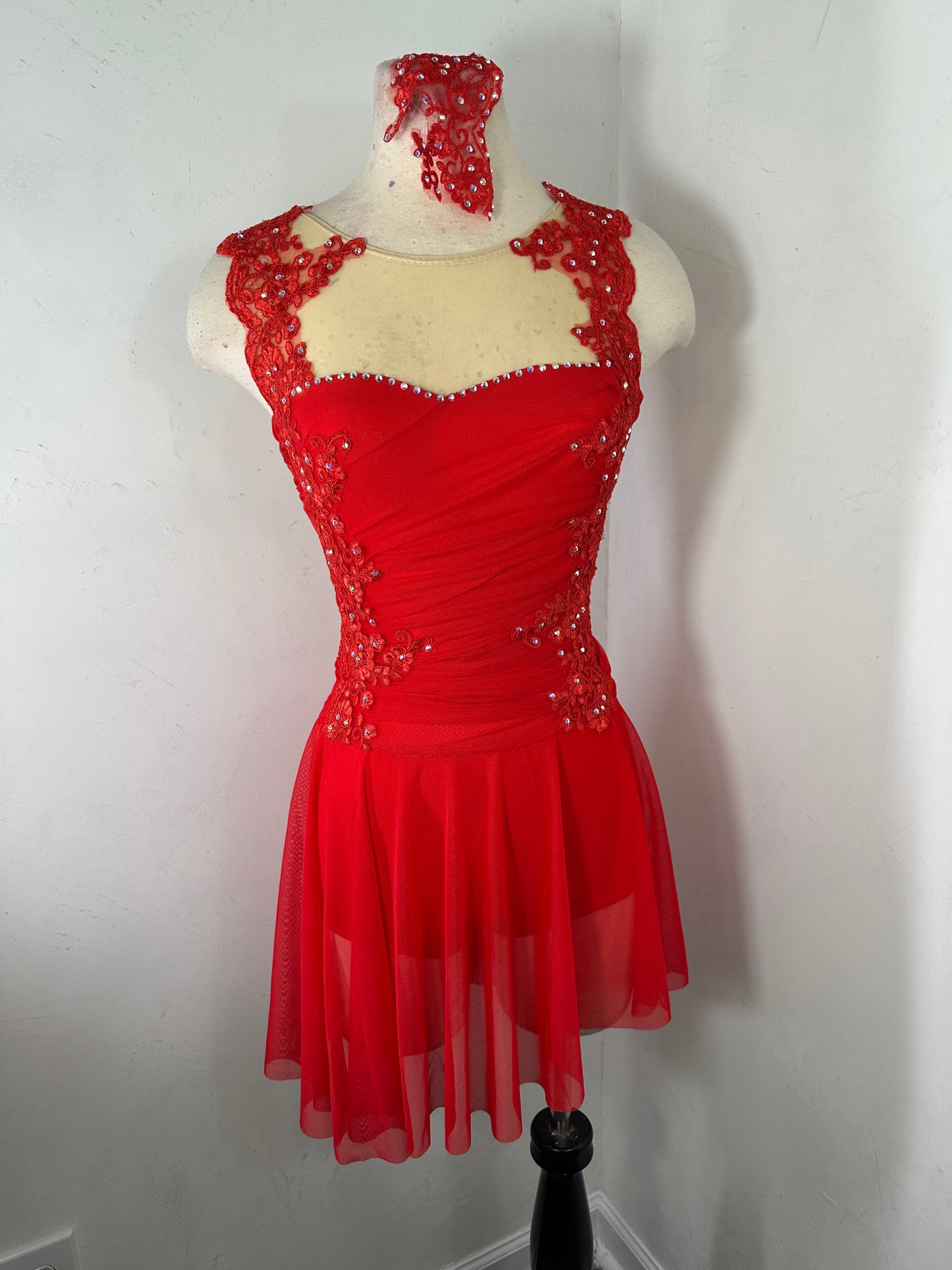 Red draped Figure Skating Dress