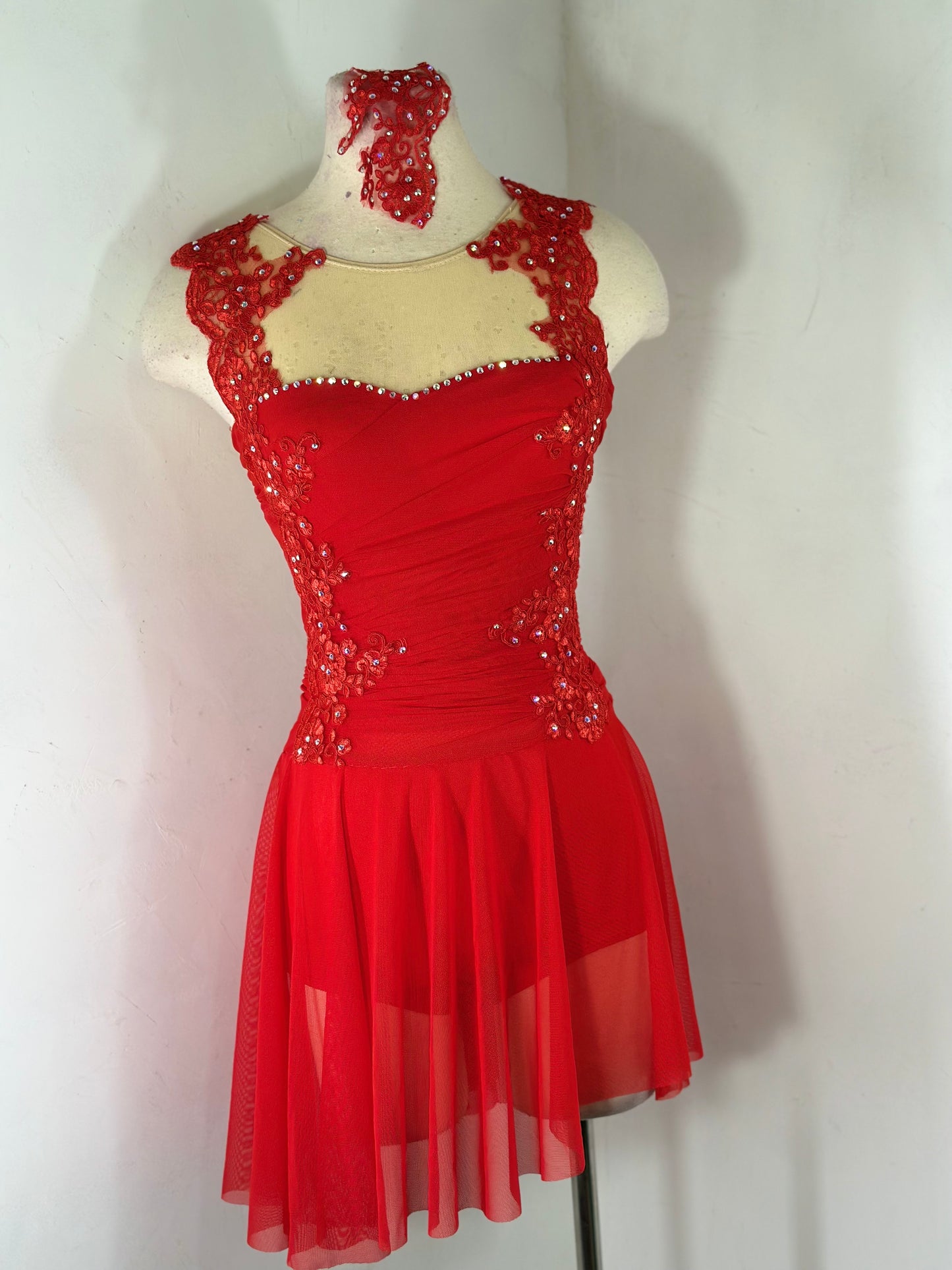 Red draped Figure Skating Dress