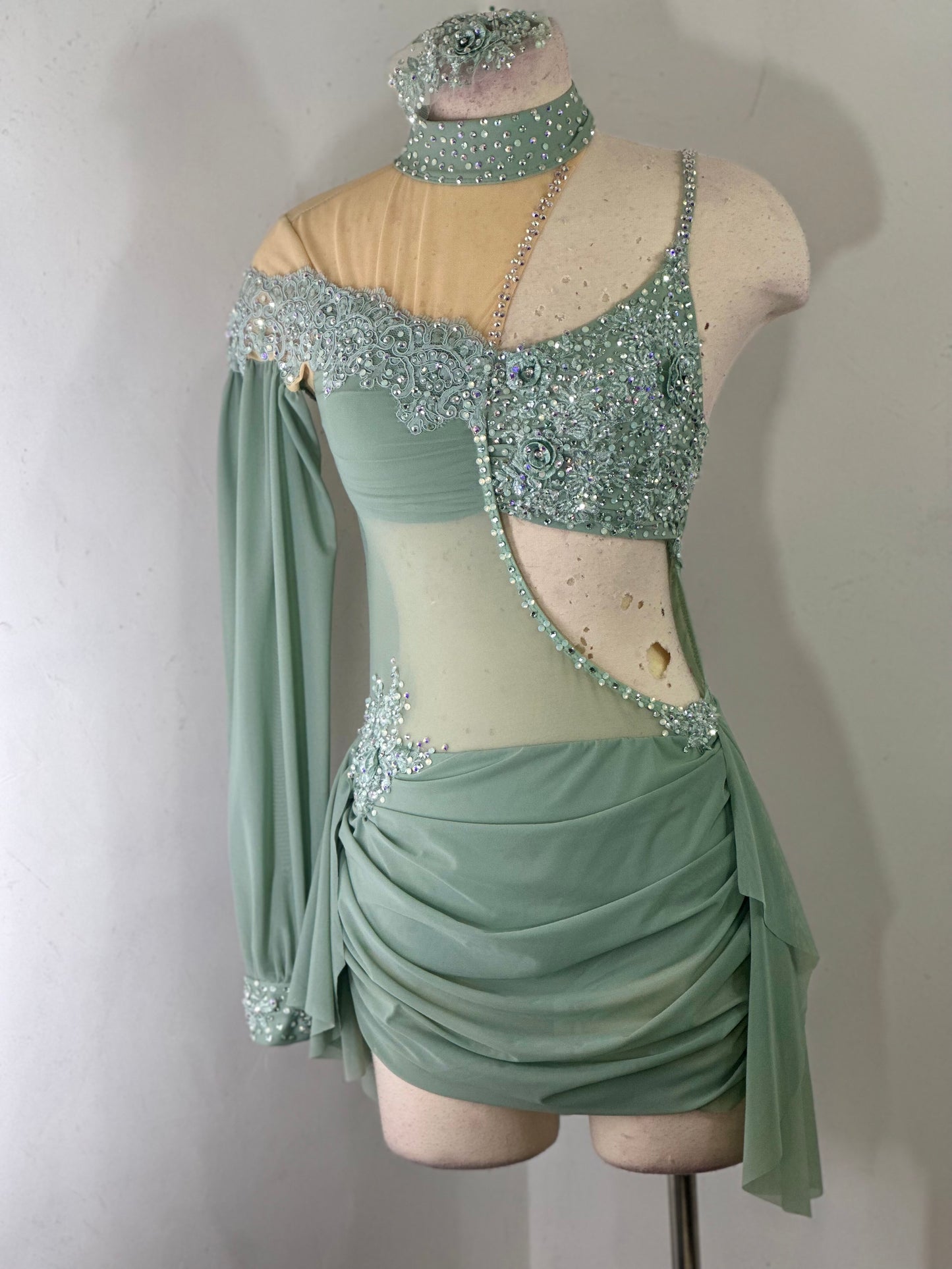 Asymmetrical Sage green beaded applique dance costume