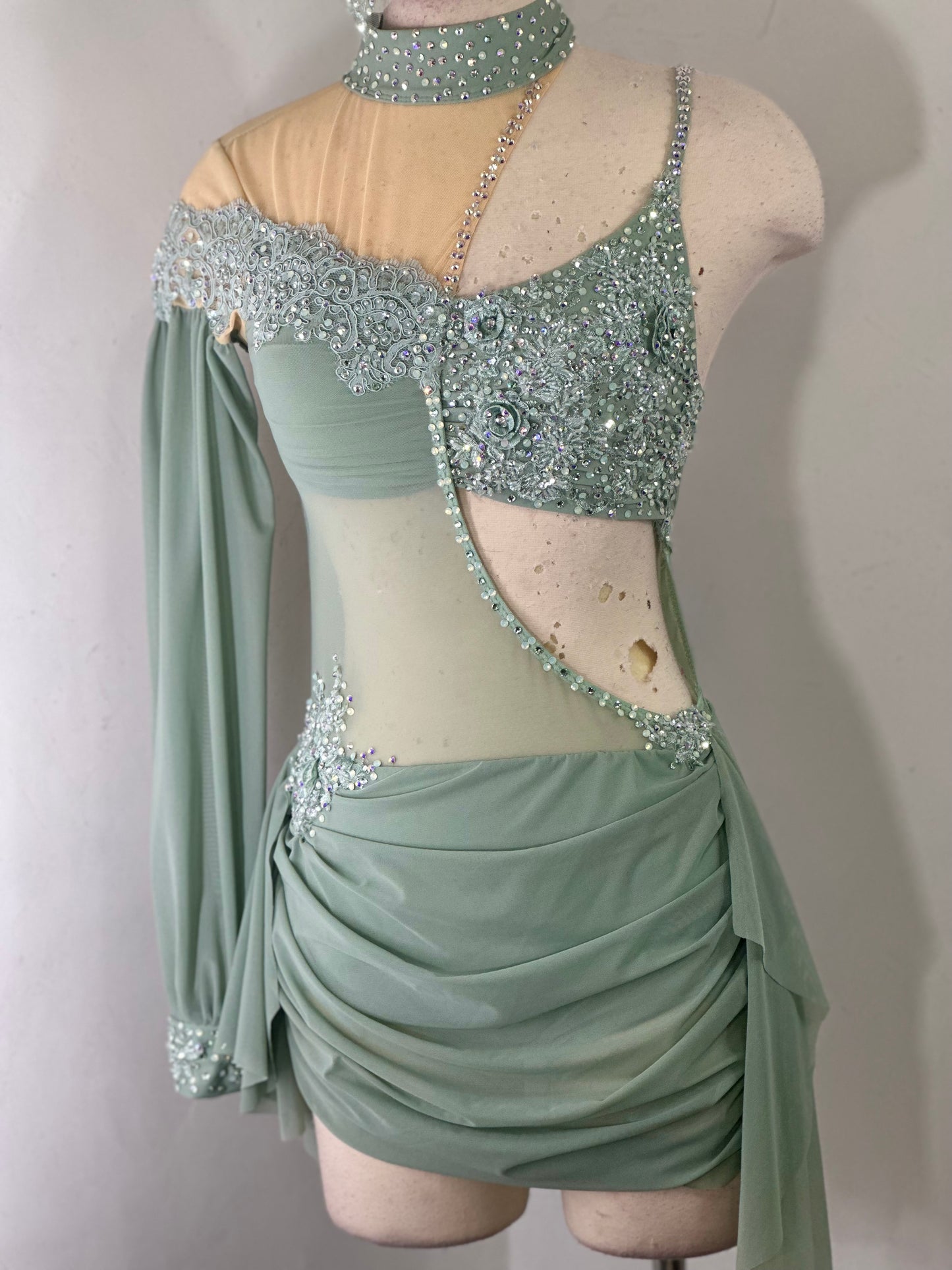 Asymmetrical Sage green beaded applique dance costume