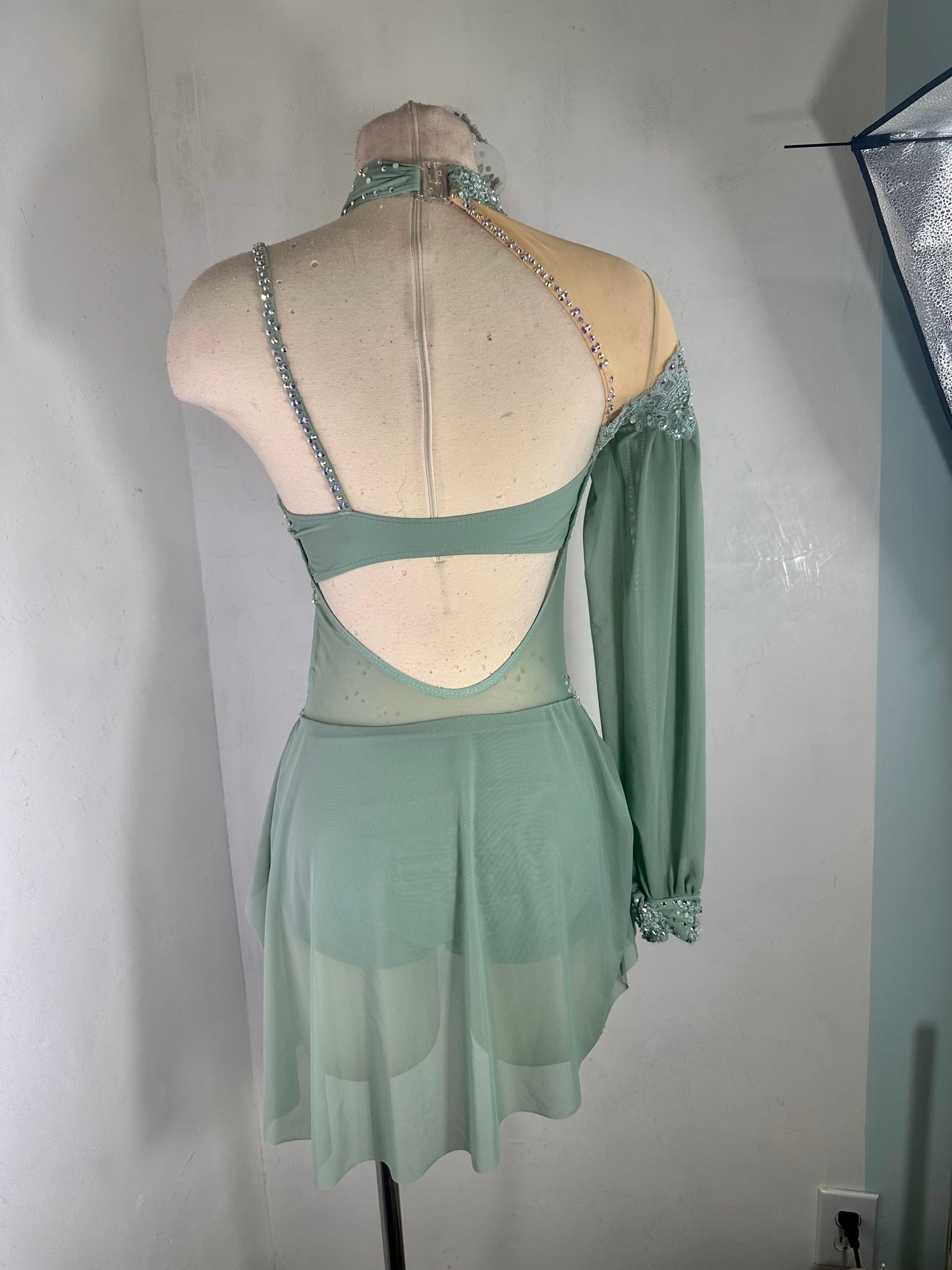 Asymmetrical Sage green beaded applique dance costume