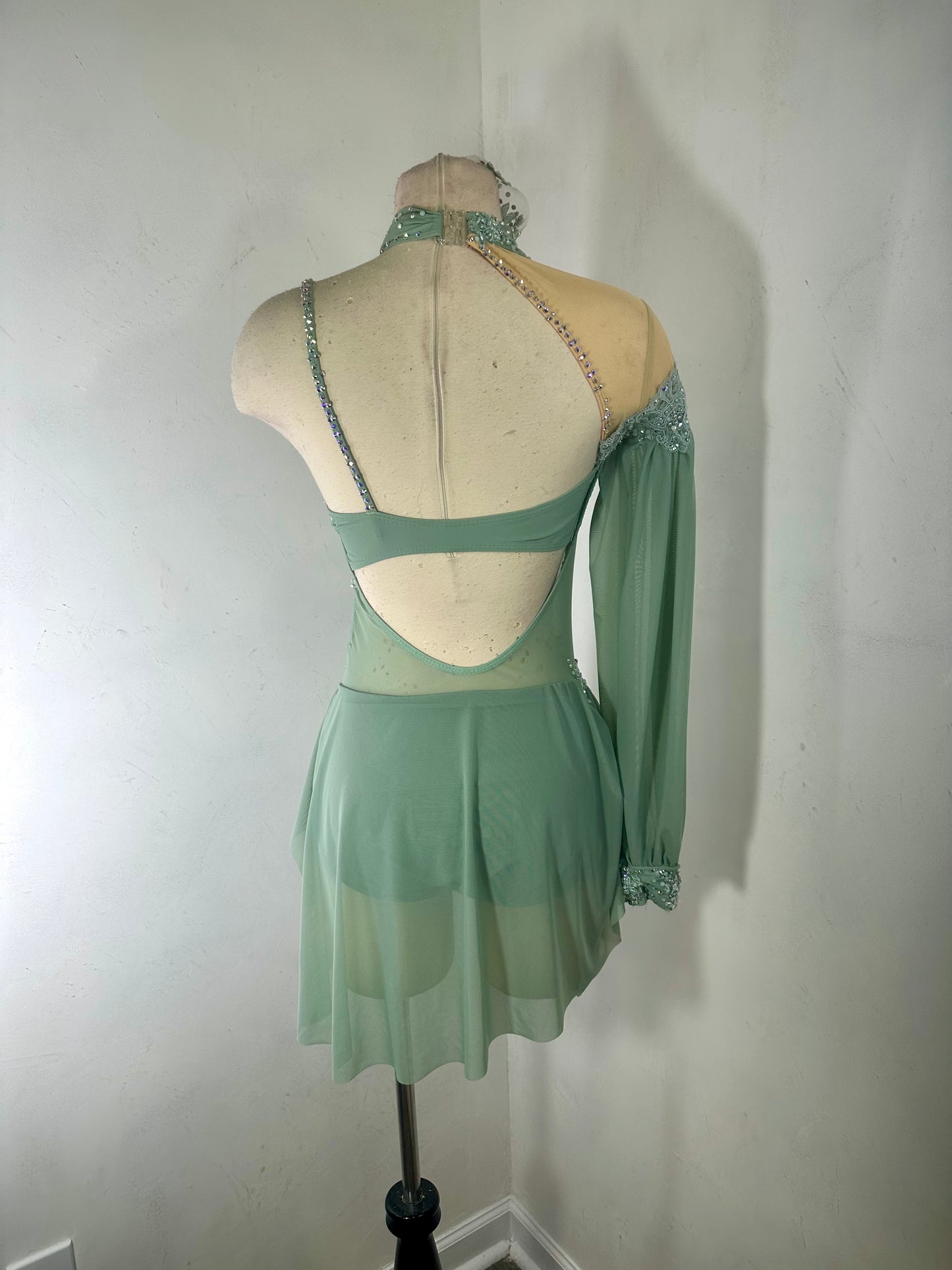 Asymmetrical Sage green beaded applique dance costume