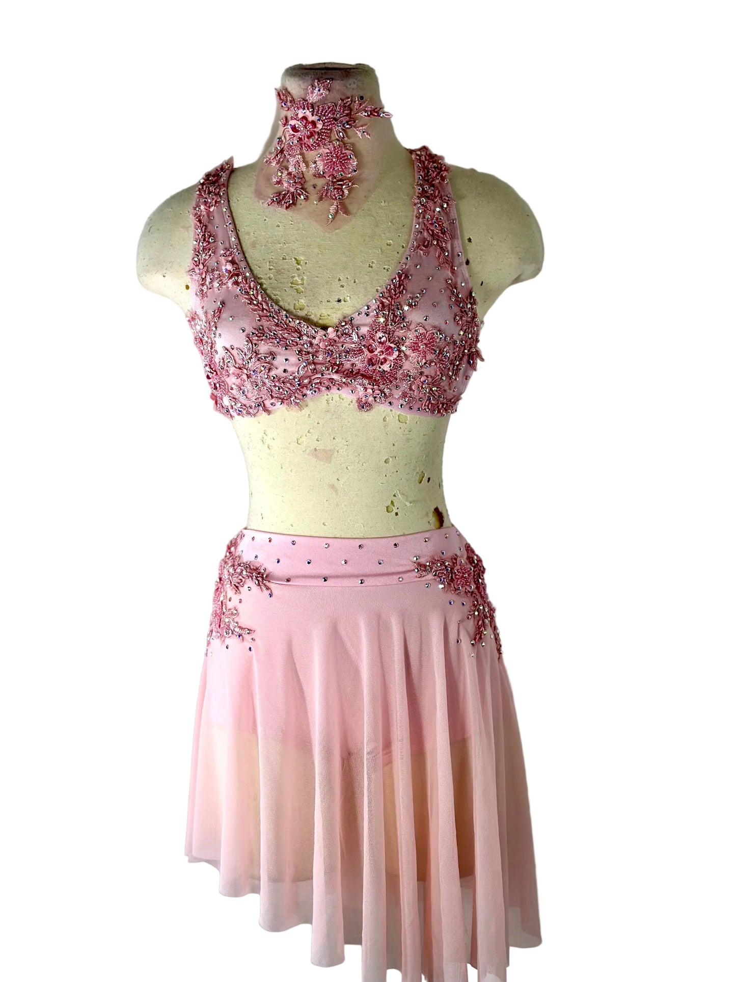 pink dress dance costume IBTOM CASTLE Women Lyrical Dance Costumes Lace Flower Embroidery Spliced Tulle Dress Flowy Chiffon Leotard Skirt M Pink