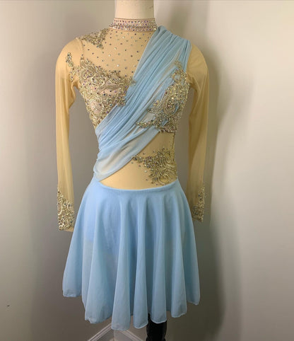 HALLE Sky blue and gold long sleeved Figure Skating Dress