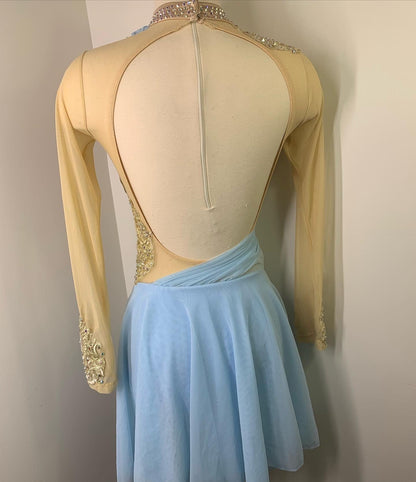 HALLE Sky blue and gold long sleeved Figure Skating Dress