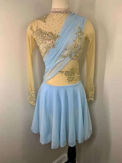 HALLE Sky blue and gold long sleeved Figure Skating Dress