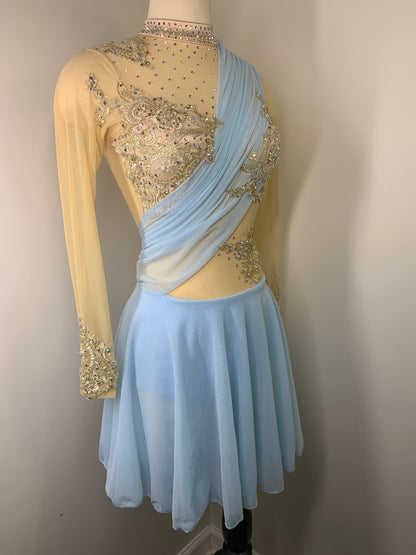 HALLE Sky blue and gold long sleeved Figure Skating Dress