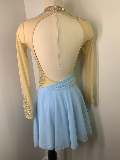HALLE Sky blue and gold long sleeved Figure Skating Dress