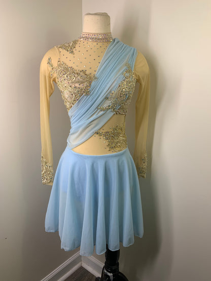 HALLE Sky blue and gold long sleeved Figure Skating Dress