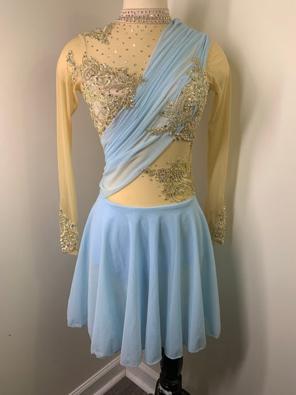 HALLE Sky blue and gold long sleeved Figure Skating Dress