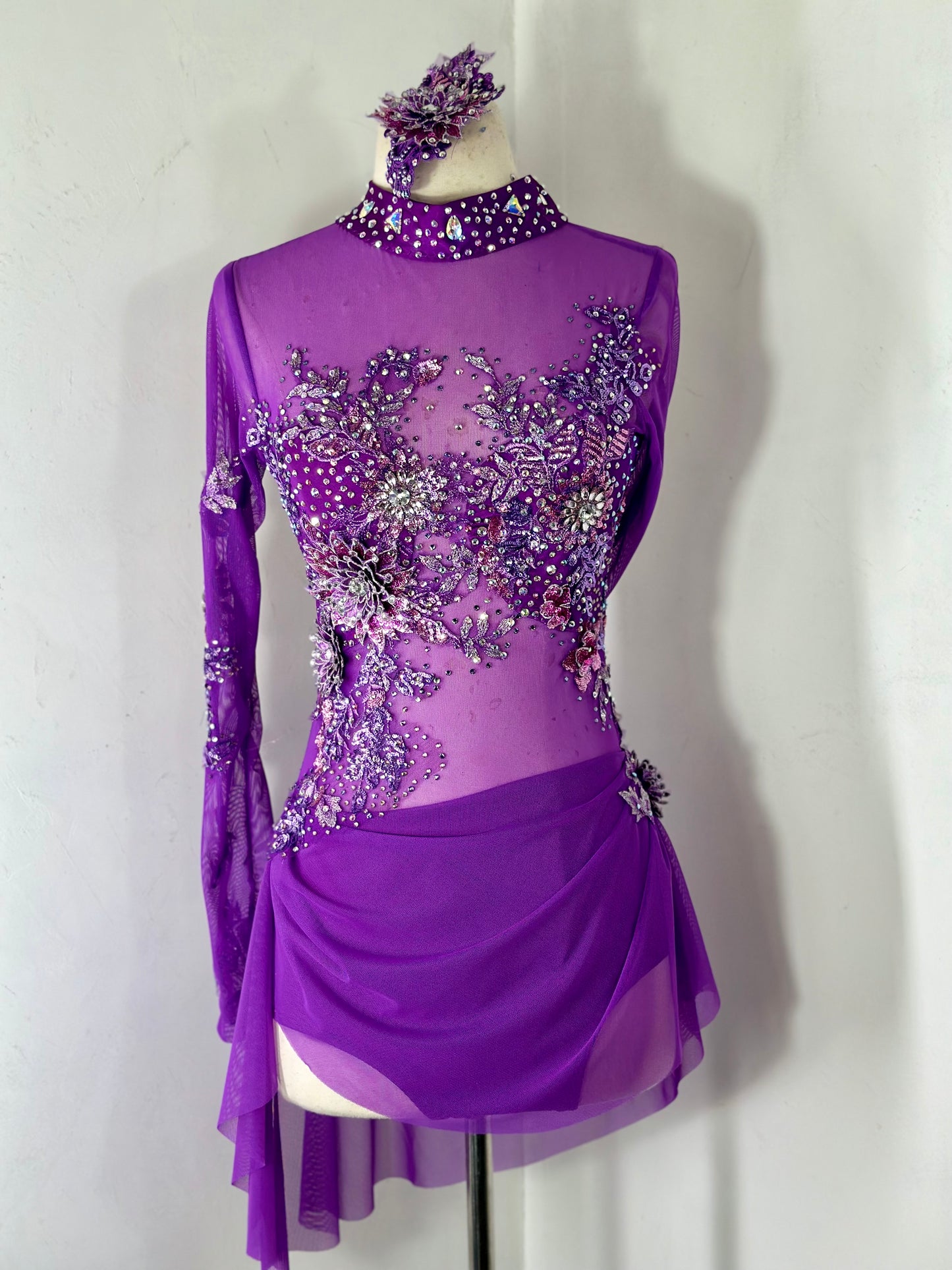 PLUM draped  dance costume with crystal ab stones and appliques