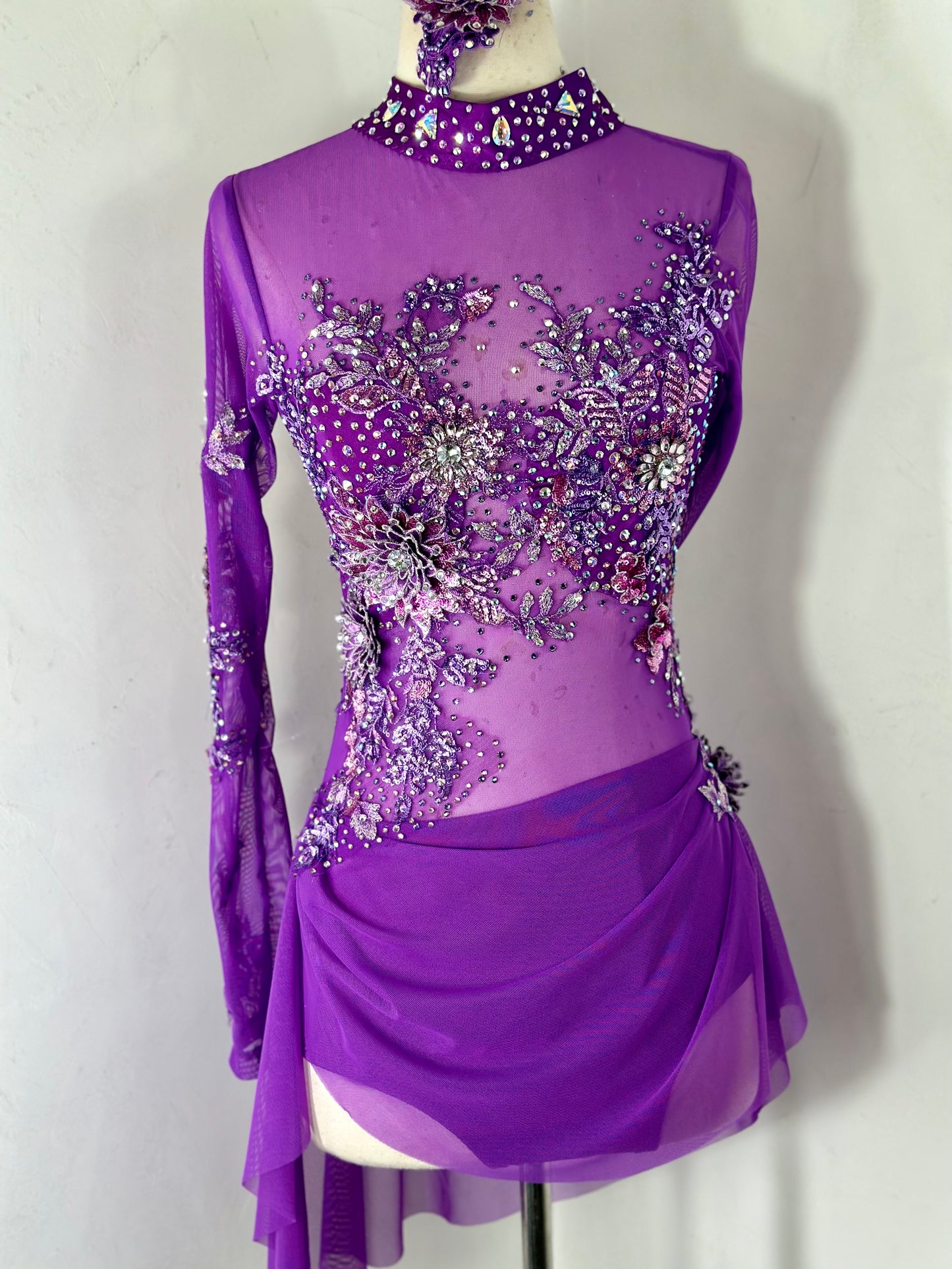 PLUM draped  dance costume with crystal ab stones and appliques