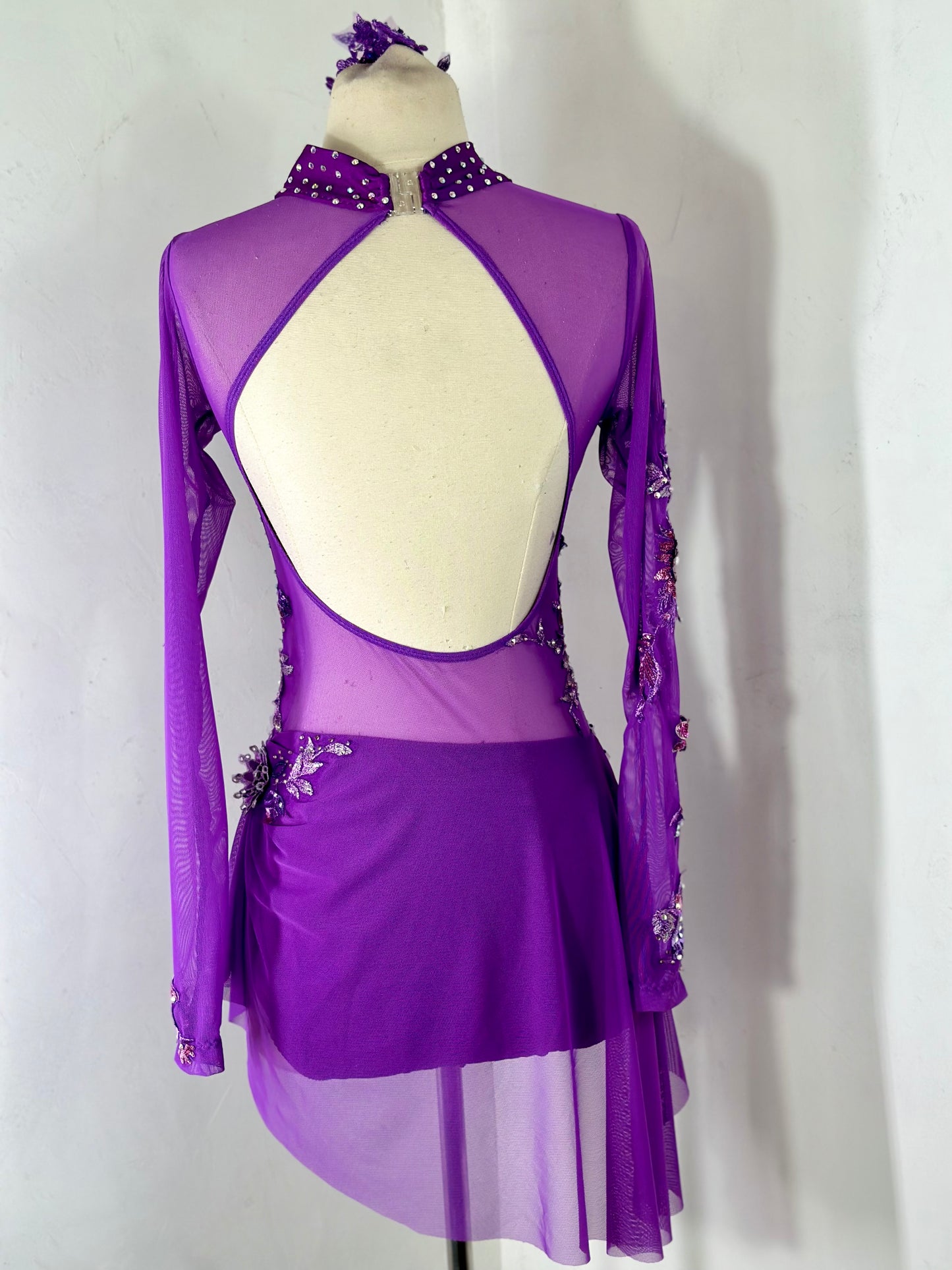PLUM draped  dance costume with crystal ab stones and appliques