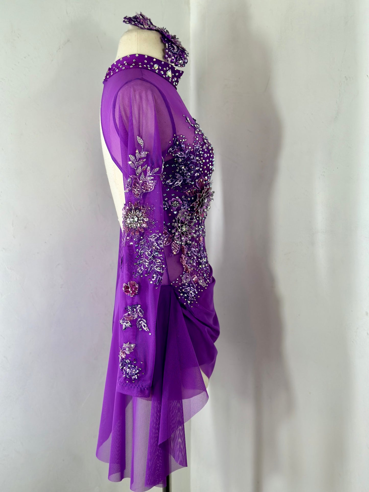 PLUM draped  dance costume with crystal ab stones and appliques