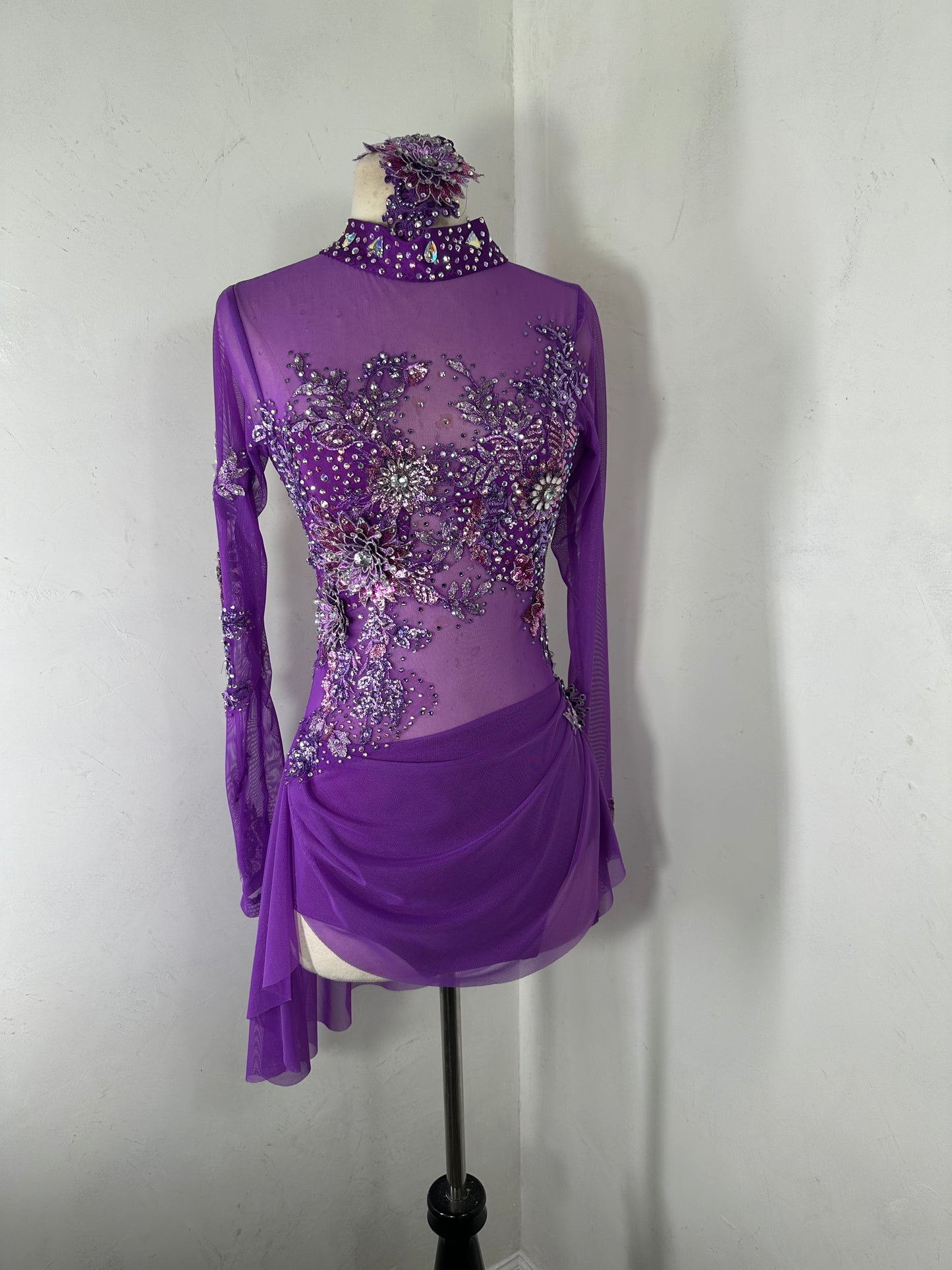 PLUM draped  dance costume with crystal ab stones and appliques