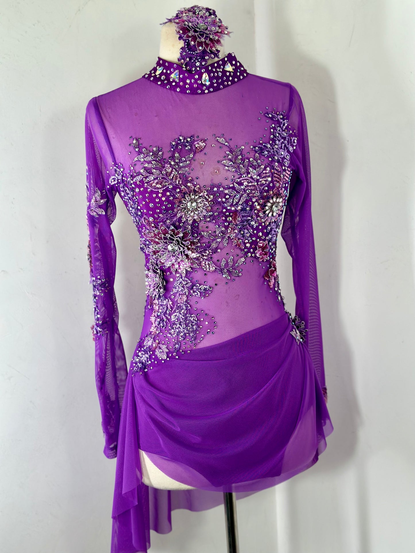 PLUM draped  dance costume with crystal ab stones and appliques