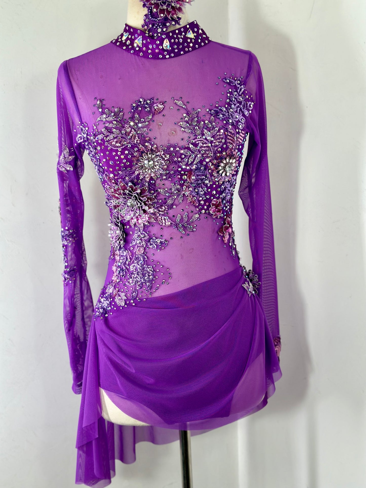 PLUM draped  dance costume with crystal ab stones and appliques