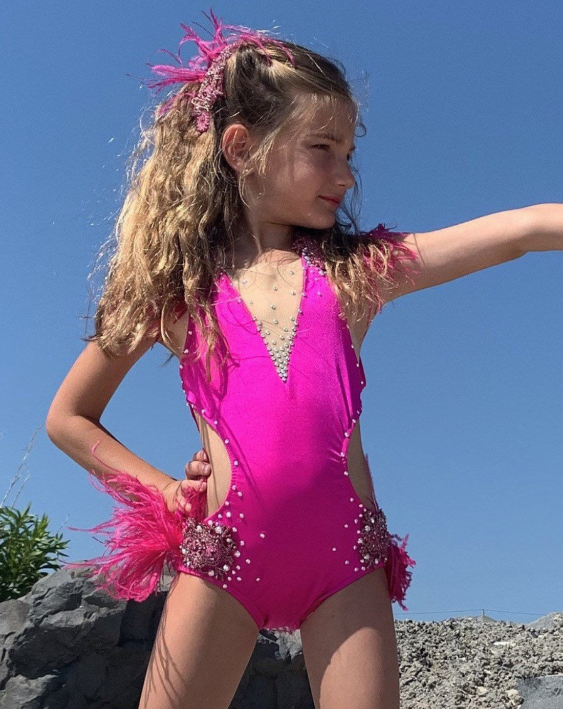 LIA Ostrich feather rhinestoned  jazz dance costume