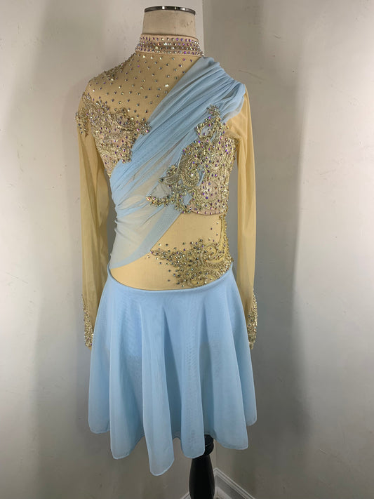 HALLE Sky blue and gold long sleeved Figure Skating Dress