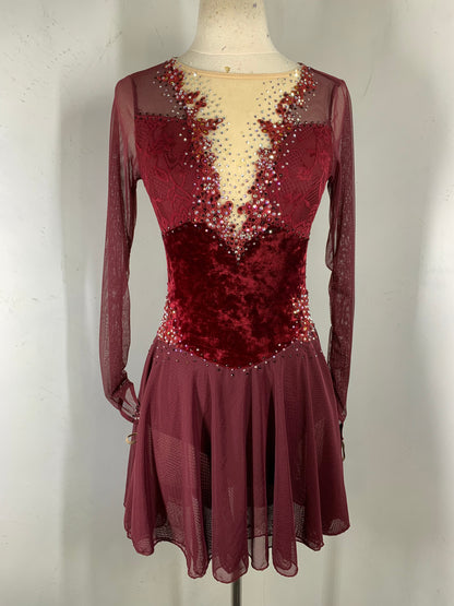 SOPHIA Wine velvet long sleeved Figure Skating Dress