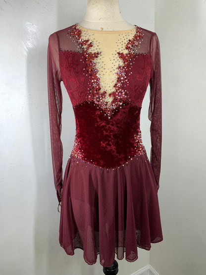 SOPHIA Wine velvet long sleeved Figure Skating Dress