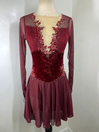 SOPHIA Wine velvet long sleeved Figure Skating Dress