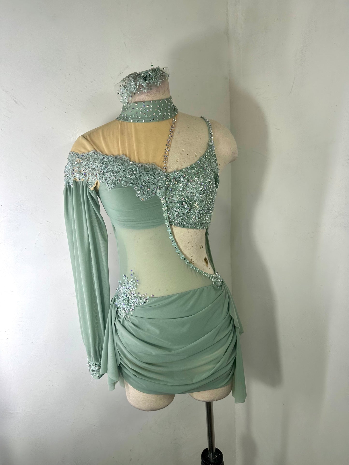 Asymmetrical Sage green beaded applique dance costume