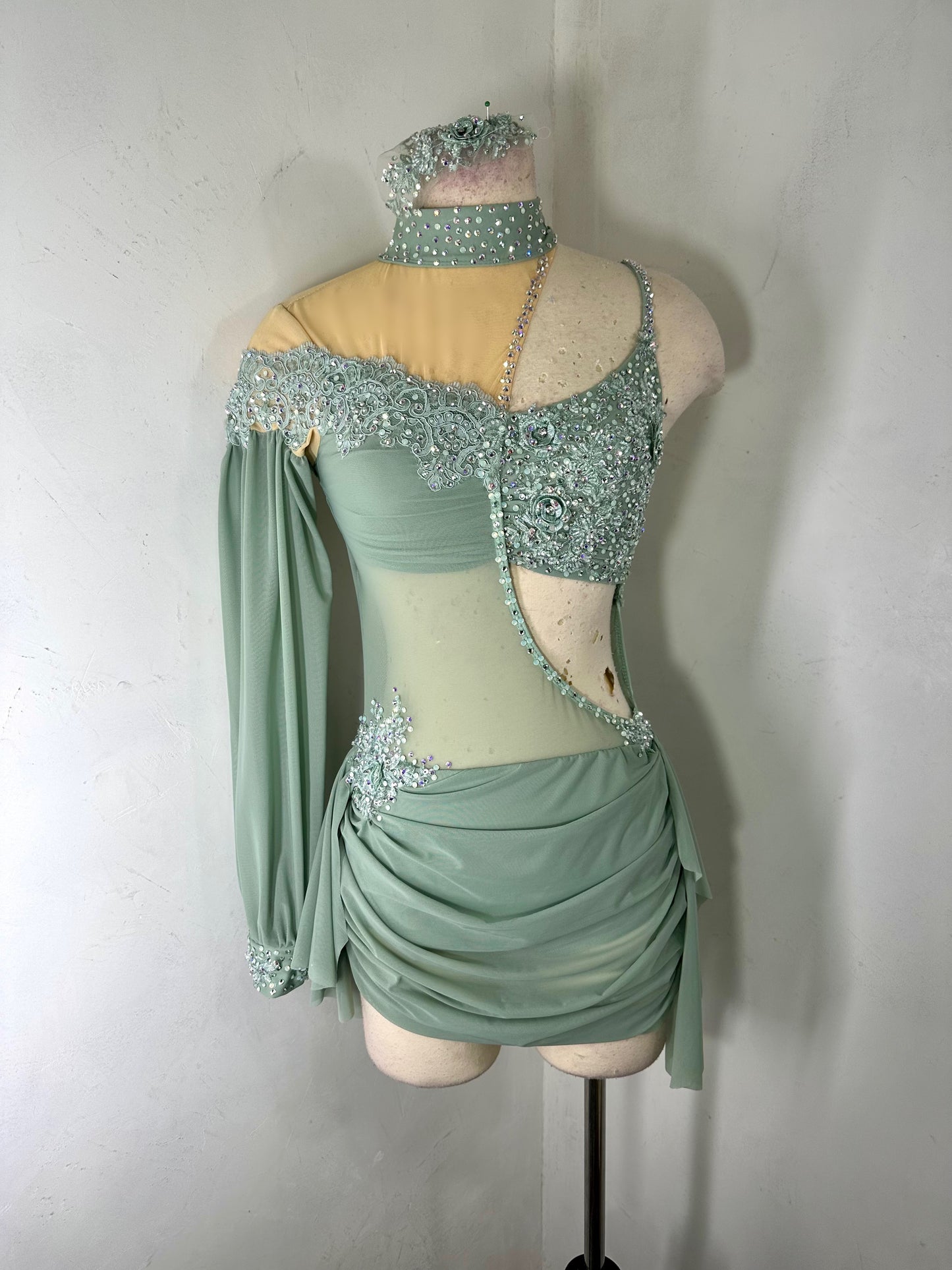 Asymmetrical Sage green beaded applique dance costume