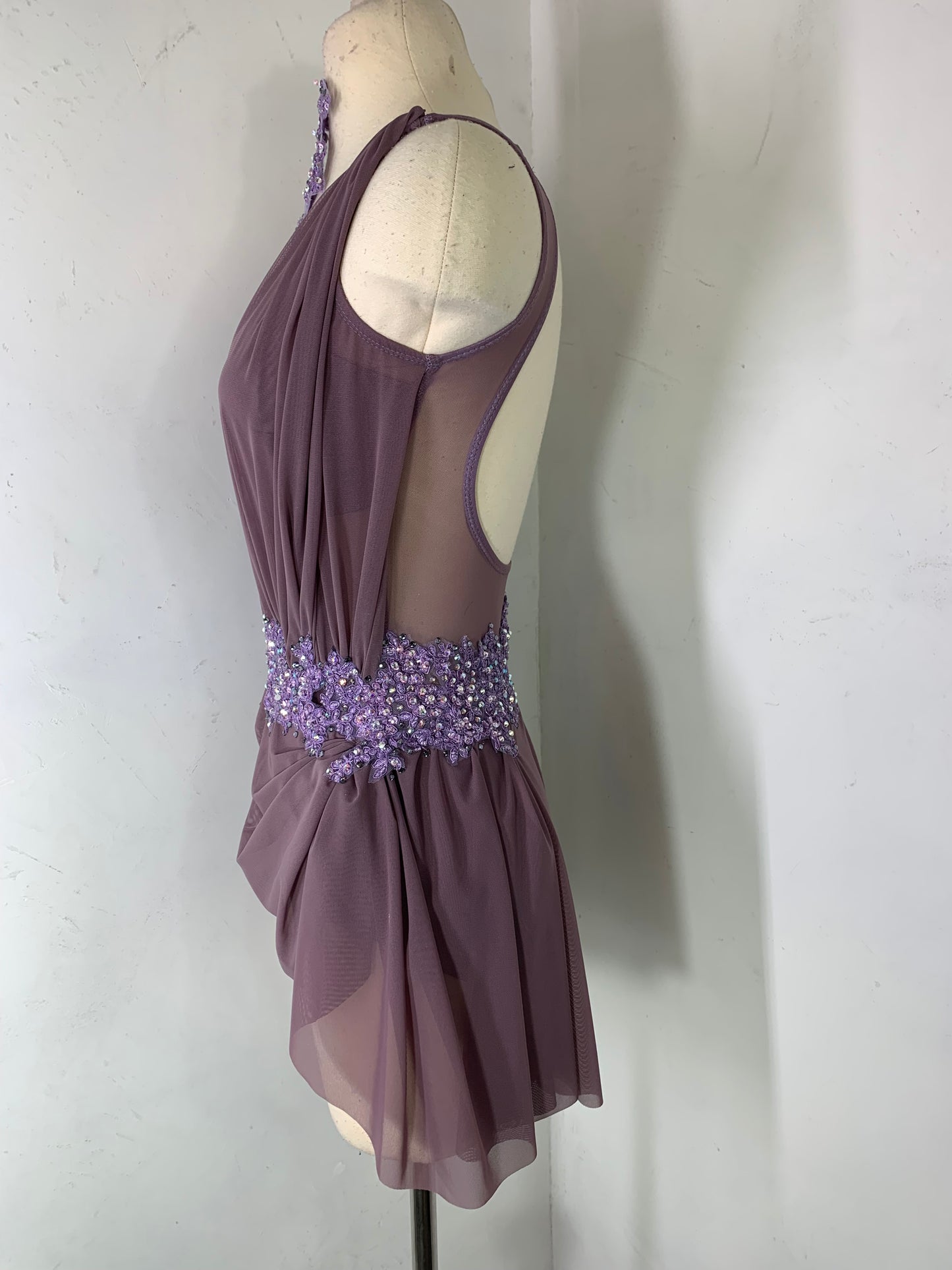 Dusty Amethyst draped Sage costume with crystal ab stones and appliques