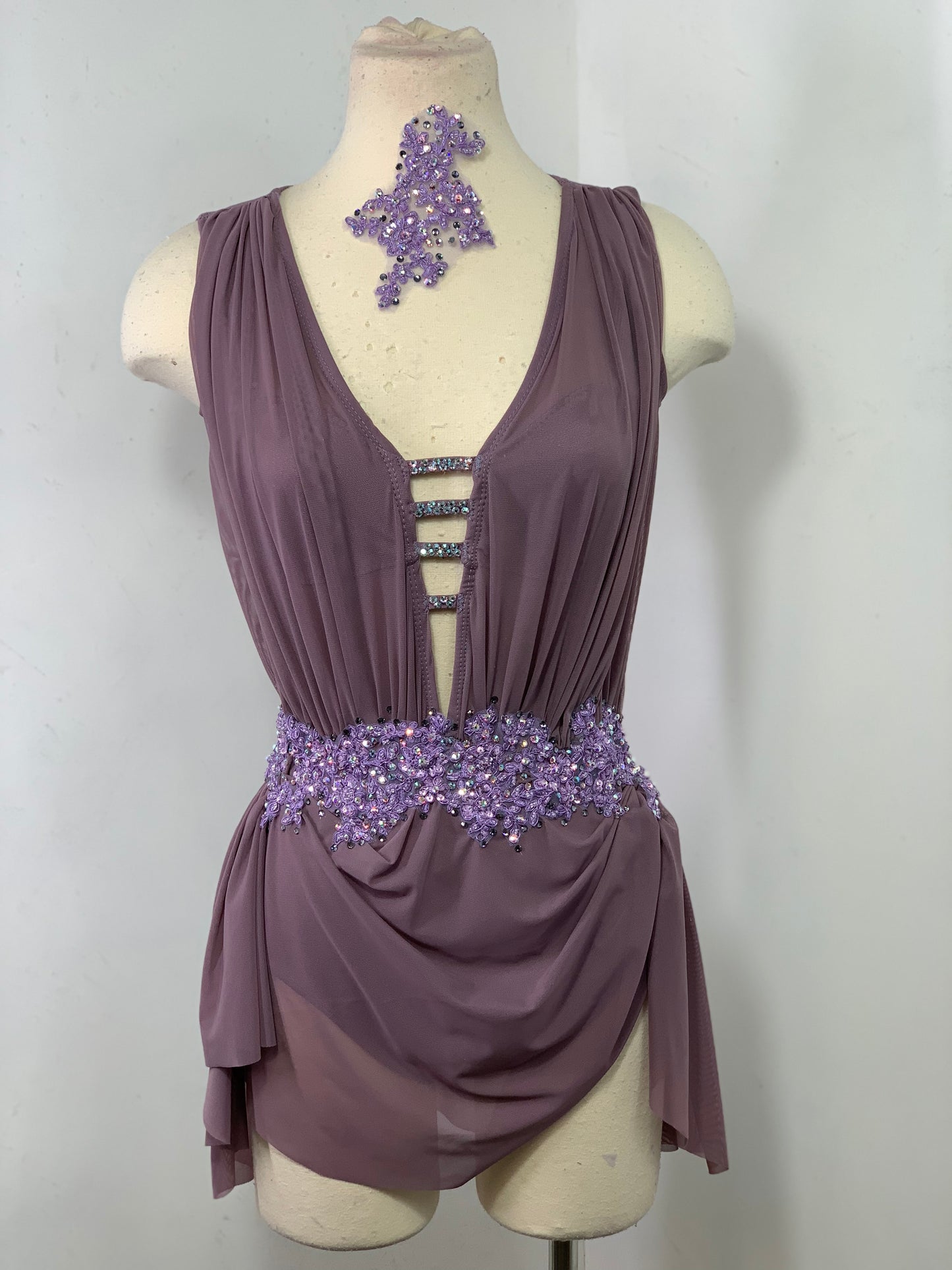 Dusty Amethyst draped Sage costume with crystal ab stones and appliques