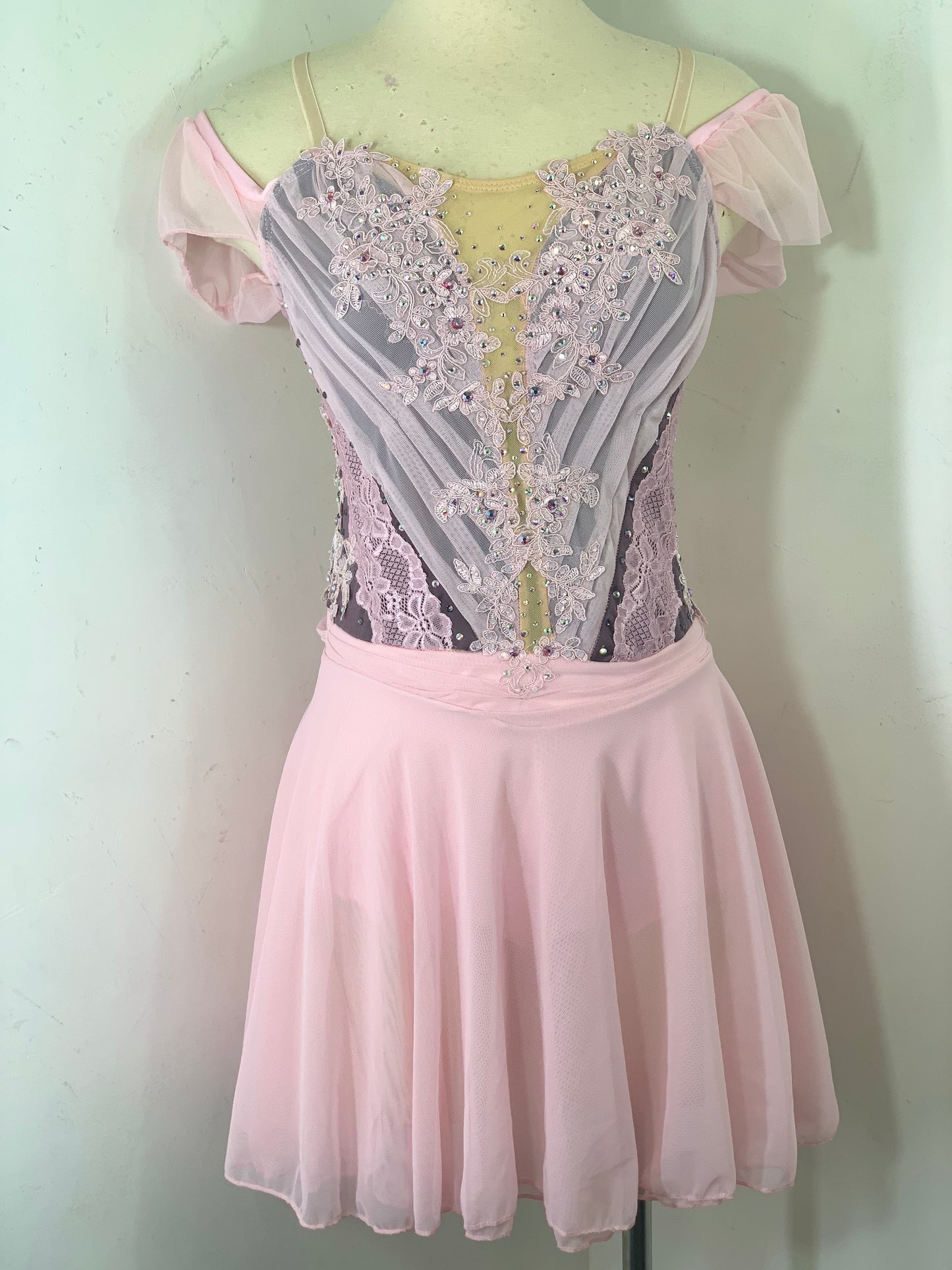 pink ruffle figure skating dress Solitaire Skate - JRF22007-P Design Highlights Handmade Tulle Roses Sharene Designs Light Pink Figure