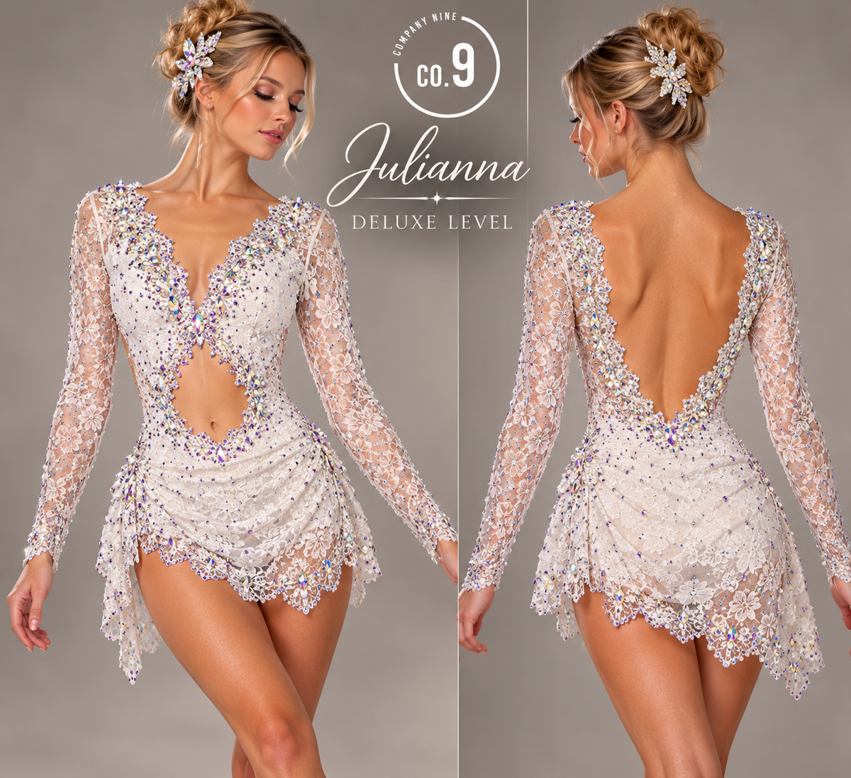 JULIANNA  deluxe level dance costume with crystal ab stones , hand sewn crystals ,scalloped lace and appliques