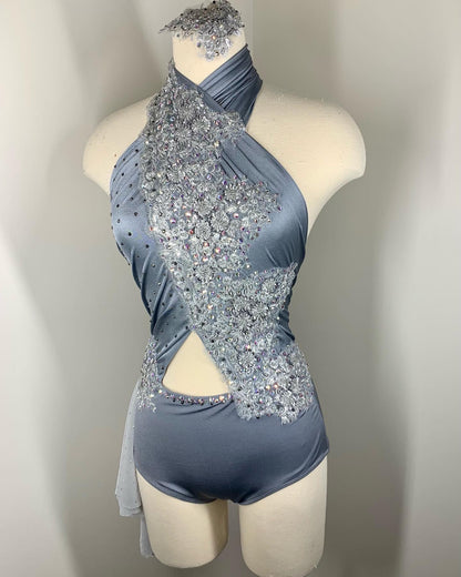 ALLEGRA Grey appliqued halter dance costume