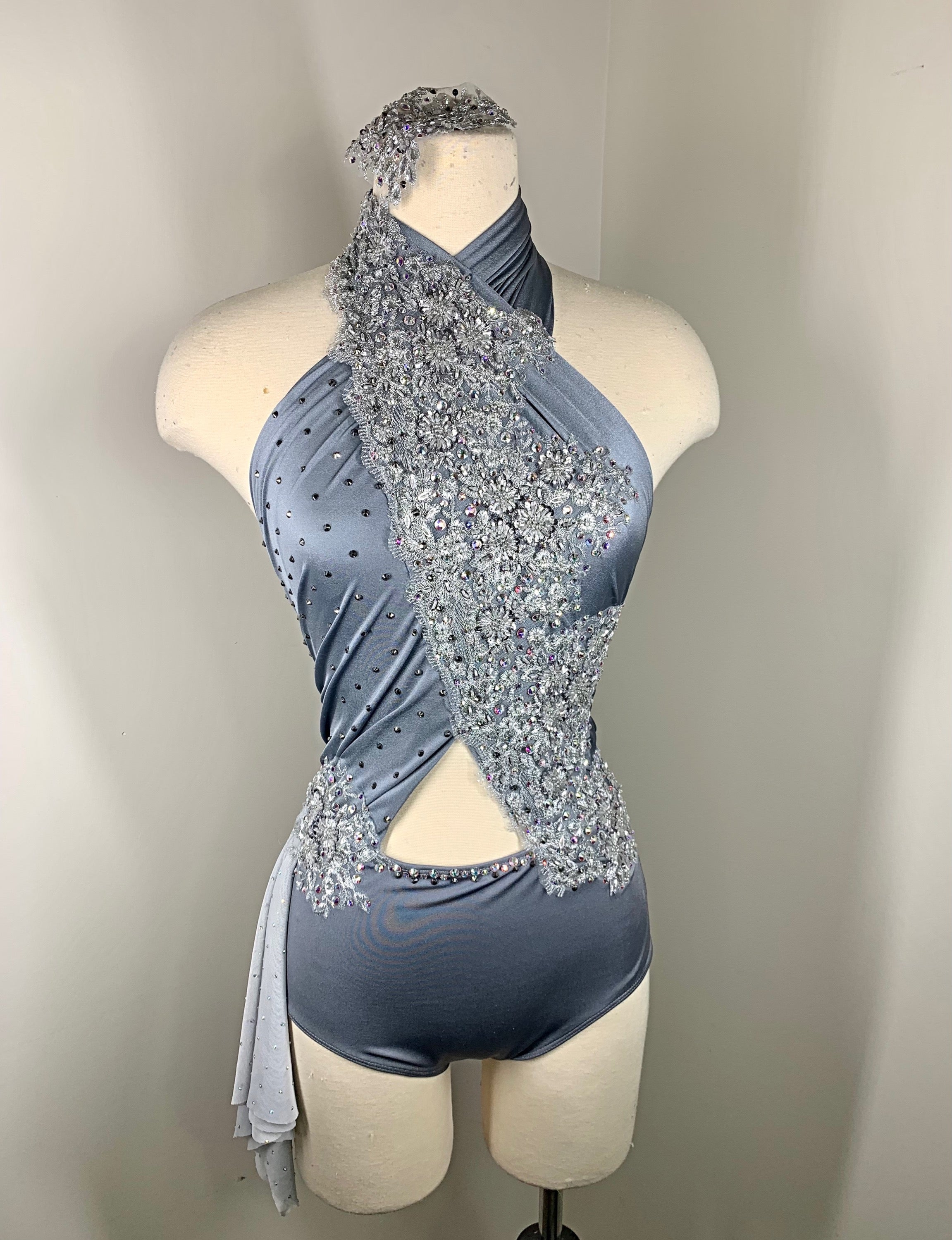 ALLEGRA Grey appliqued halter dance costume
