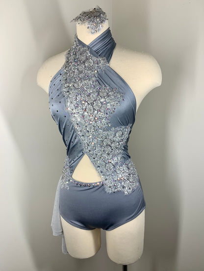 ALLEGRA Grey appliqued halter dance costume