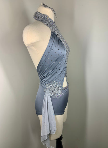ALLEGRA Grey appliqued halter dance costume