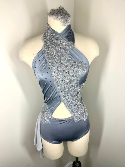 ALLEGRA Grey appliqued halter dance costume