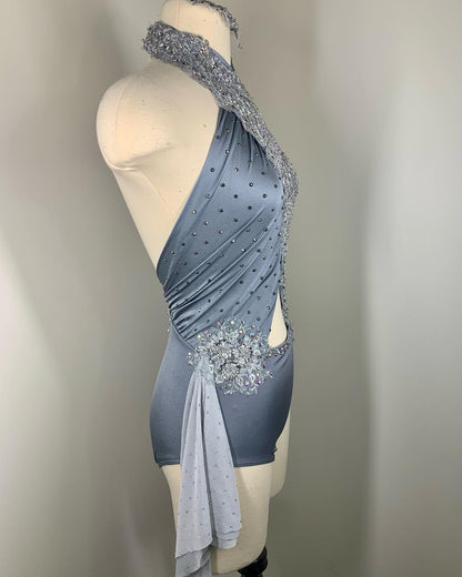 ALLEGRA Grey appliqued halter dance costume
