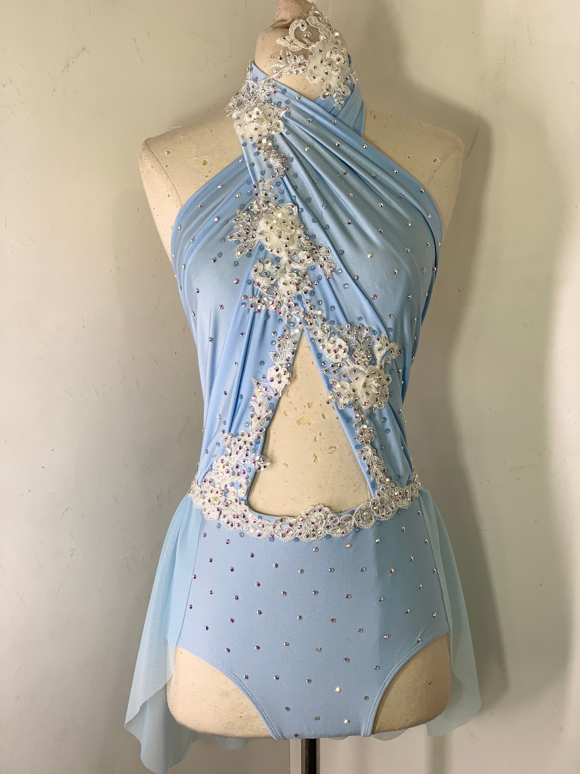 Appliqued sky blue halter dance costume READY TO SHIP – Co9dancecostumes